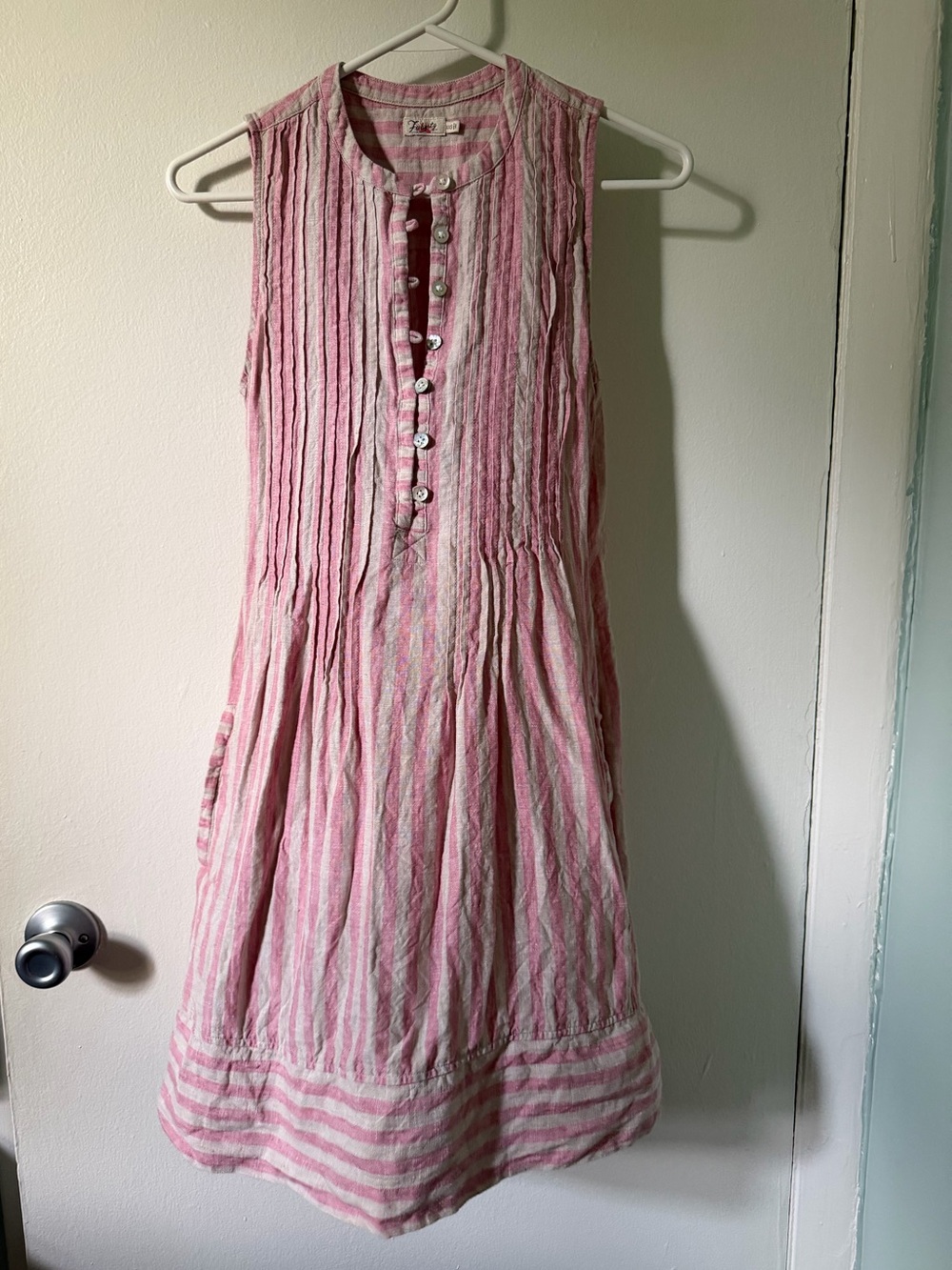 Faherty Isha linen dress in pink contrast stripe